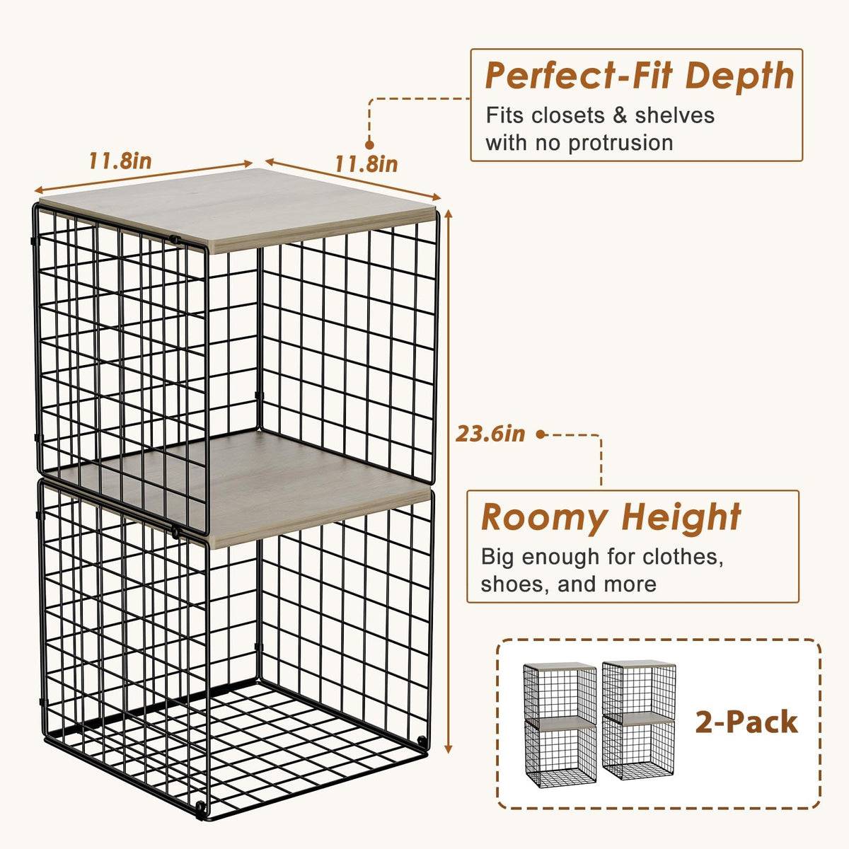 Hencawima 4-Tier Stackable Closet Organizers and Storage, Dual-Layer Reinforced Clothing Cube Shelves with Wood Tops, Sturdy Clothes Storage Bins & Shelf Basket for Wardrobe, Closet Organizer System