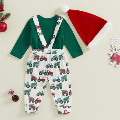 BeQeuewll Christmas Newborn Baby Boy 3PCS Clothes Set Infant Long Sleeve Romper Cute Pattern Suspender Pants Overalls Outfits (Green, 9-12 Months)