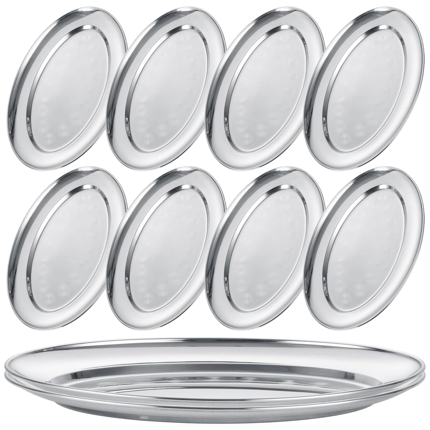 AKOLAFE 10PCS Sizzle Platter for Serving Food Medium Serving Trays for Party Buffet Oval Serving Platter Set Silver Tray Decorative Metal Trays Stainless Steel Tray Long Sizzler Plates for Sushi Snack