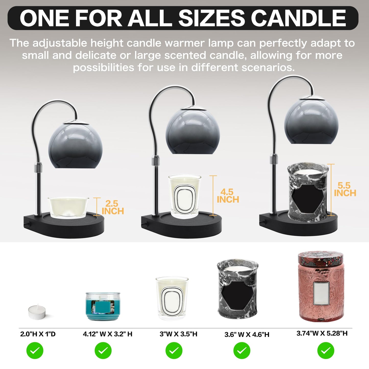 DALUXshop Candle Warmer Lamp with Timer 2H/4H/8H, Adjustable Height Dimmable Candle Lamp with 2 Bulbs, Wax Melt Warmer for Jar Candles, House Warming, Home Decor, Christmas Gifts for Women, Mom(Black)