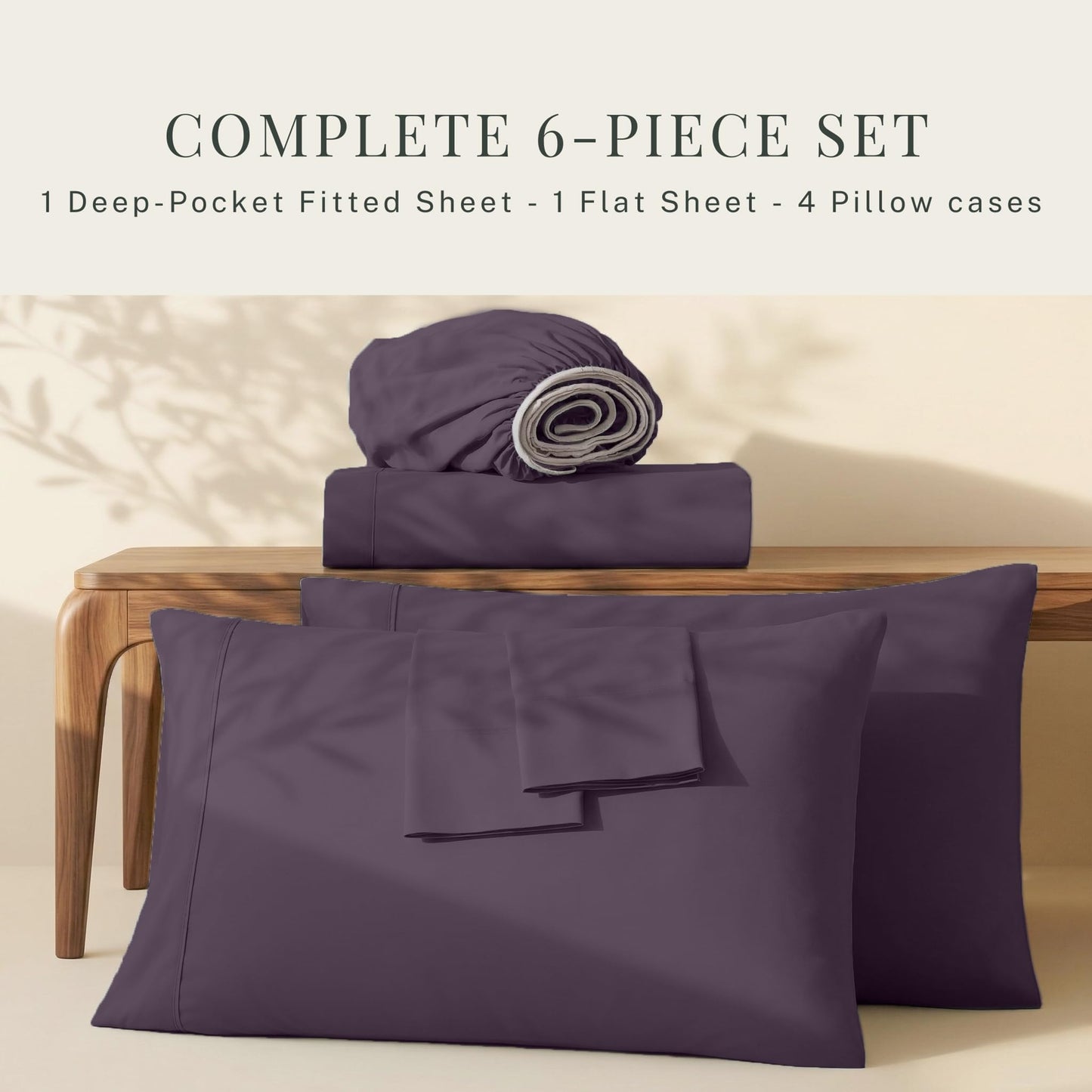 Hearth & Harbor Extra Deep Pocket Queen Sheets Sets - Fits Mattress 18-24 Inches Deep - Extra Deep Pocket Sheets - 6 Piece Queen Size - Eggplant