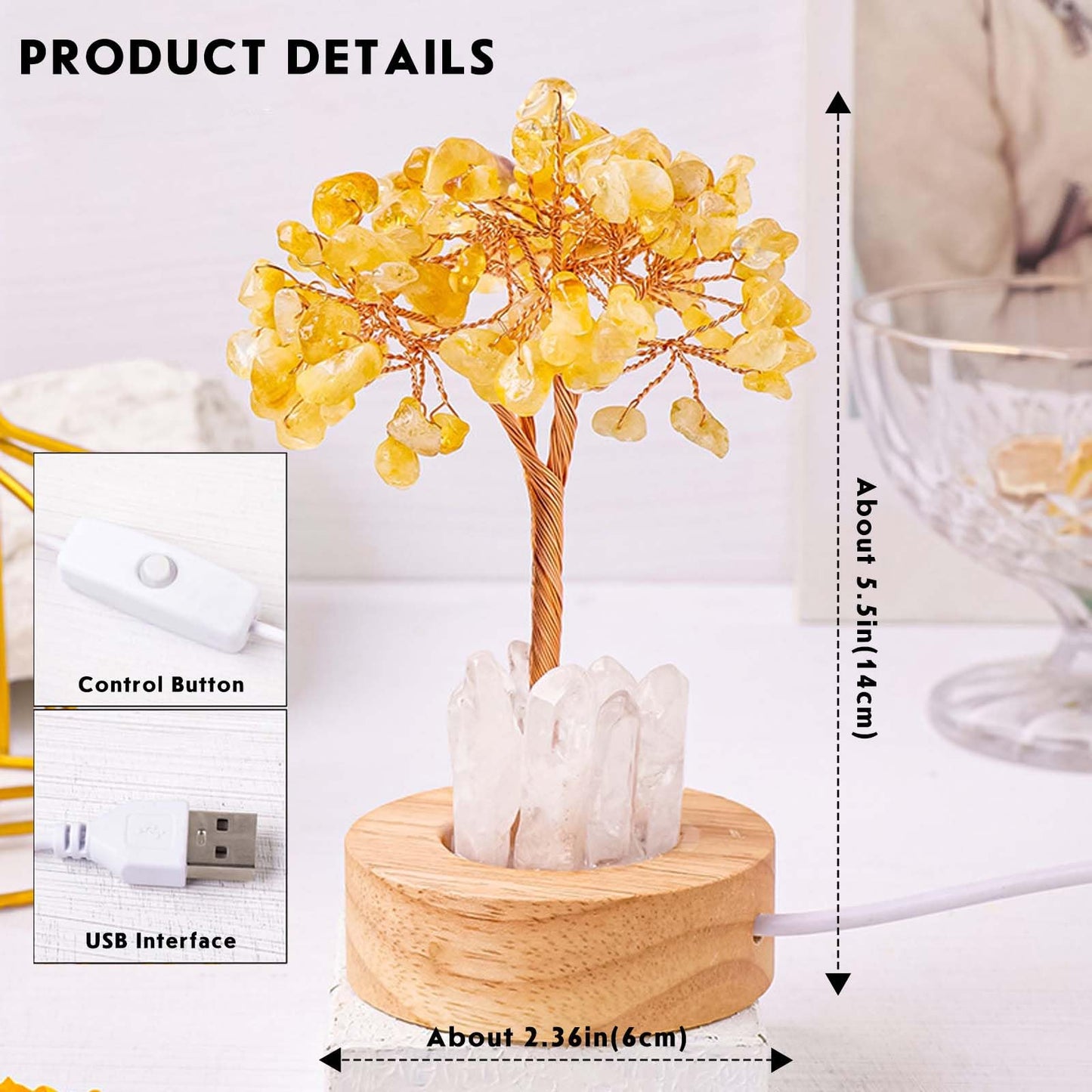 Runyangshi Runyanshi Citrine Money Tree Lamp - Abundance Crystal Night Light w/ 108 Natural Citrine Chips, Wood Base & USB Power, Manifestation Desk Decor for Wealth, Office, Gift