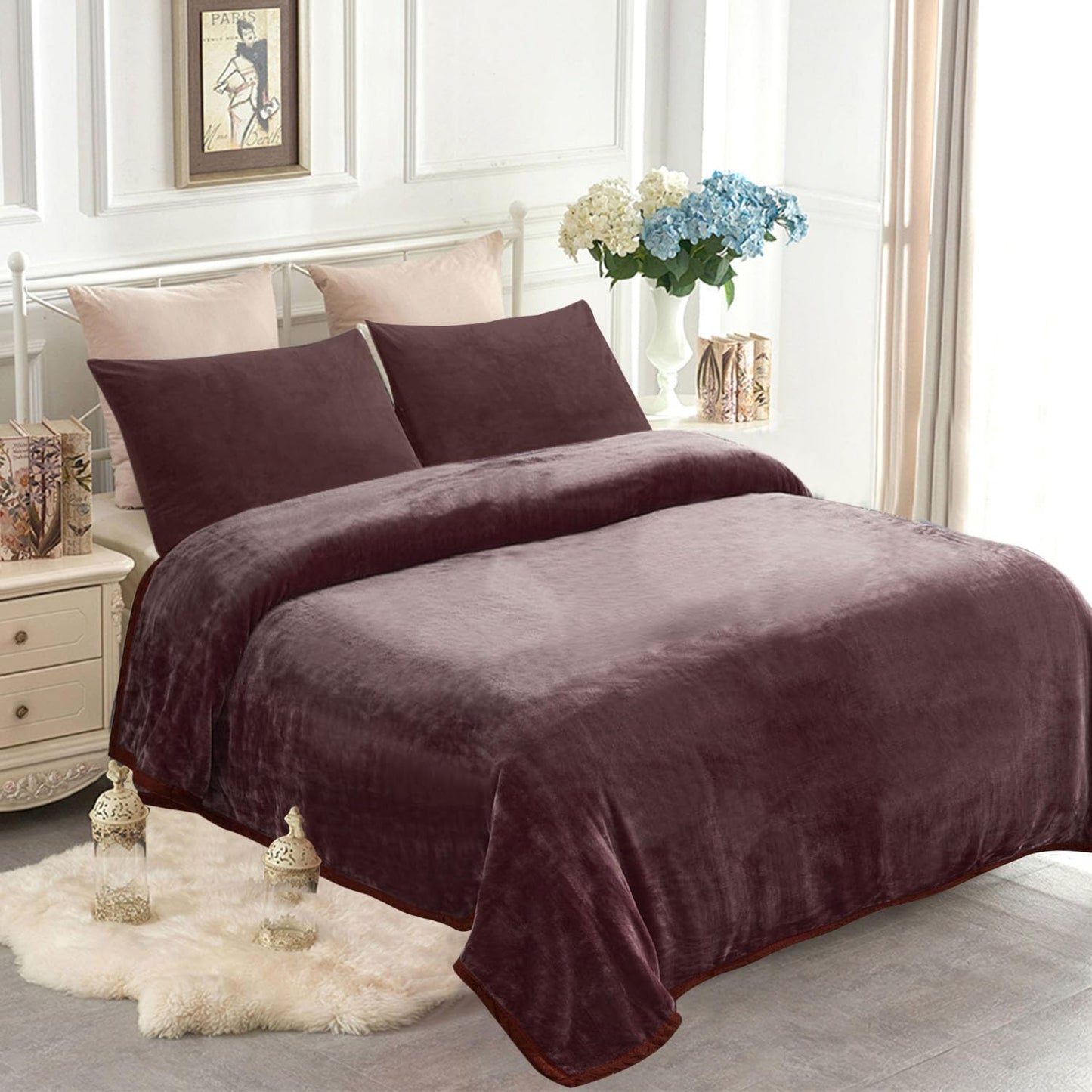 JYK Fleece Plush Blanket, Korean Mink, Queen 79" x 91" - Super Soft, Warm, Lightweight, Cozy Fuzzy Solid Color Brown