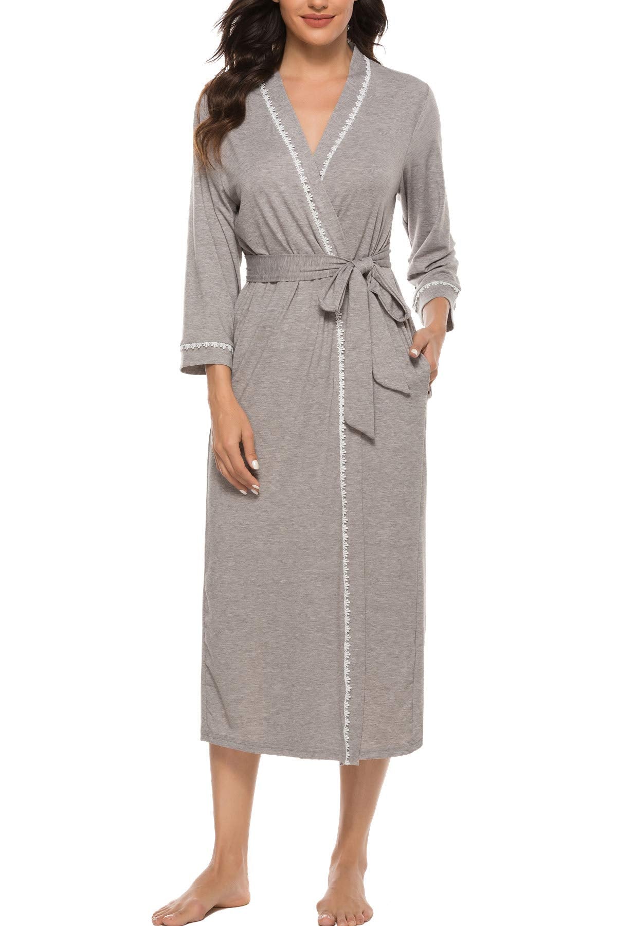 Vlazom Womens Dressing Gown Soft Kimono Robe V-Neck Long Knit Bathrobe Nightwear Sleepwear for All Seasons, Grey, XL