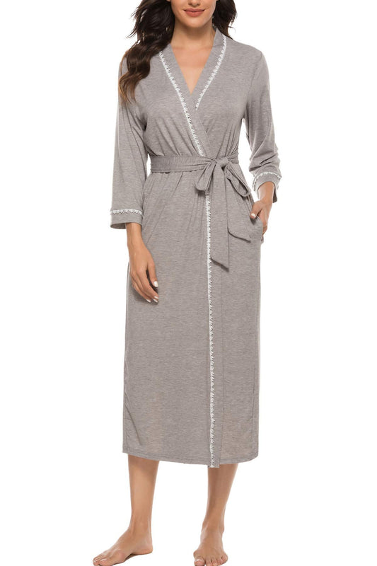 Vlazom Womens Dressing Gown Soft Kimono Robe V-Neck Long Knit Bathrobe Nightwear Sleepwear for All Seasons, Grey, XL