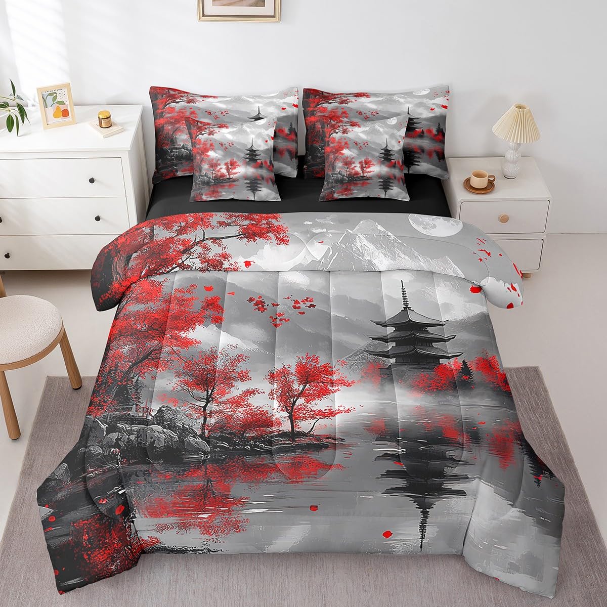Erosebridal Red Cherry Blossom Queen Comforter Set with Sheets,Japanese Style Bedding Set for Kids Adults,Mountain Scene Bed Set Oriental Aesthetic Bed in a Bag with Fitted+Flat Sheet,Pillowcases