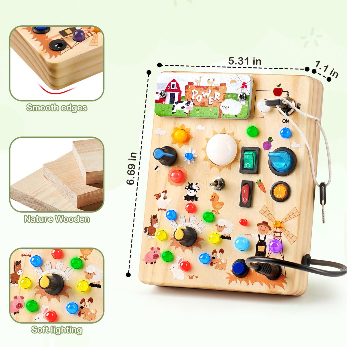 Sanlebi LED Busy Board for Toddlers 1-3,Montessori Toy with Key Switch, Light Up Wood Activity Sensory Board for Fine Motor Skills, Educational Travel Toy Gift for 1 2 3 Year Old Boys Girl