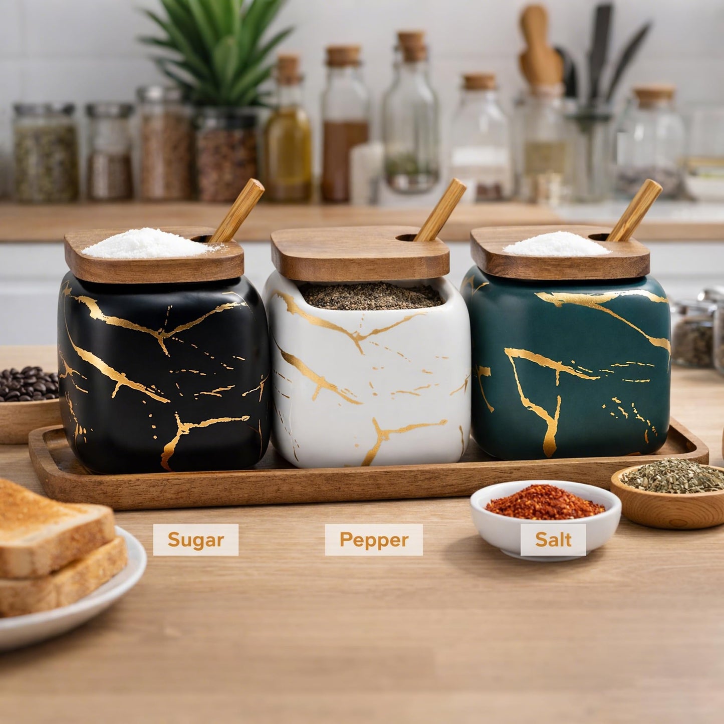 JFFLYIT 3 Pcs Sugar Bowls Ceramic Coffee Jar Set Ceramic Seasoning Jar with Lid Spoon and Tray/Food Storage Canister (Color Mixing)