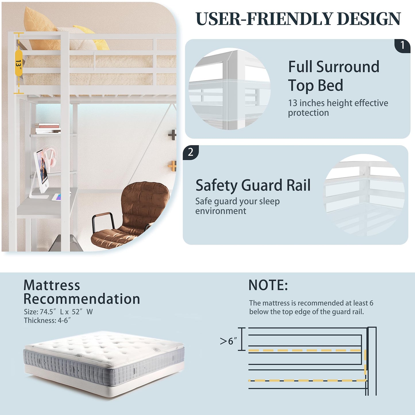 SUNLEI Loft Bed Full Size with Desk and Storage, Metal Full Size Loft Bed Frame with Dual Ladders, Safety Guard Rail, Space Saving Bed with Study Desk for Small Room, Teens Adults, Snowy White