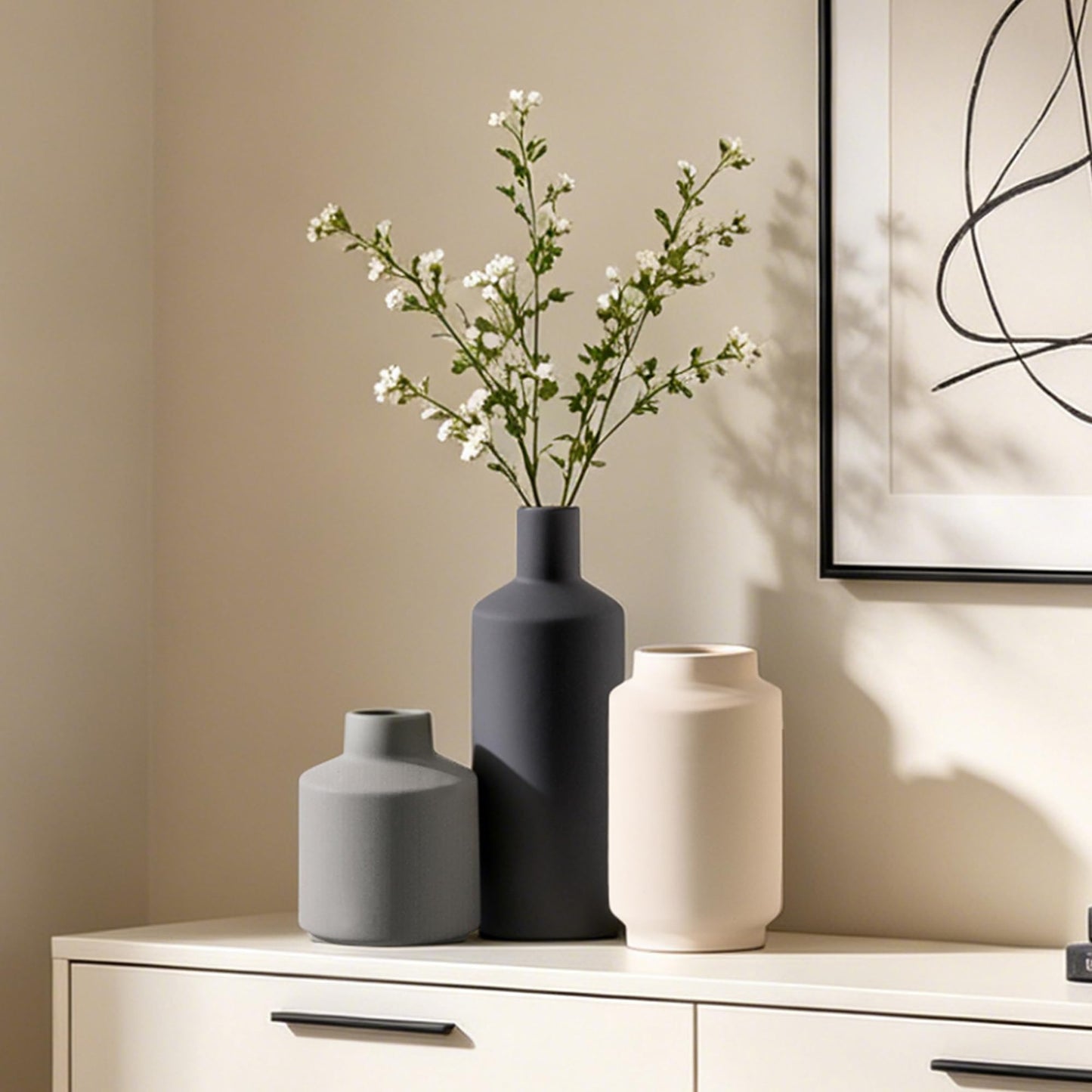 Ceramic Vase Set of 3, Modern Decorative Vases for Home Decor, Small Flower Pottery Vase Sets, Boho Farmhouse Rustic Vases for Living Room, Kitchen, Bedroom, Bathroom, Shelf, Table