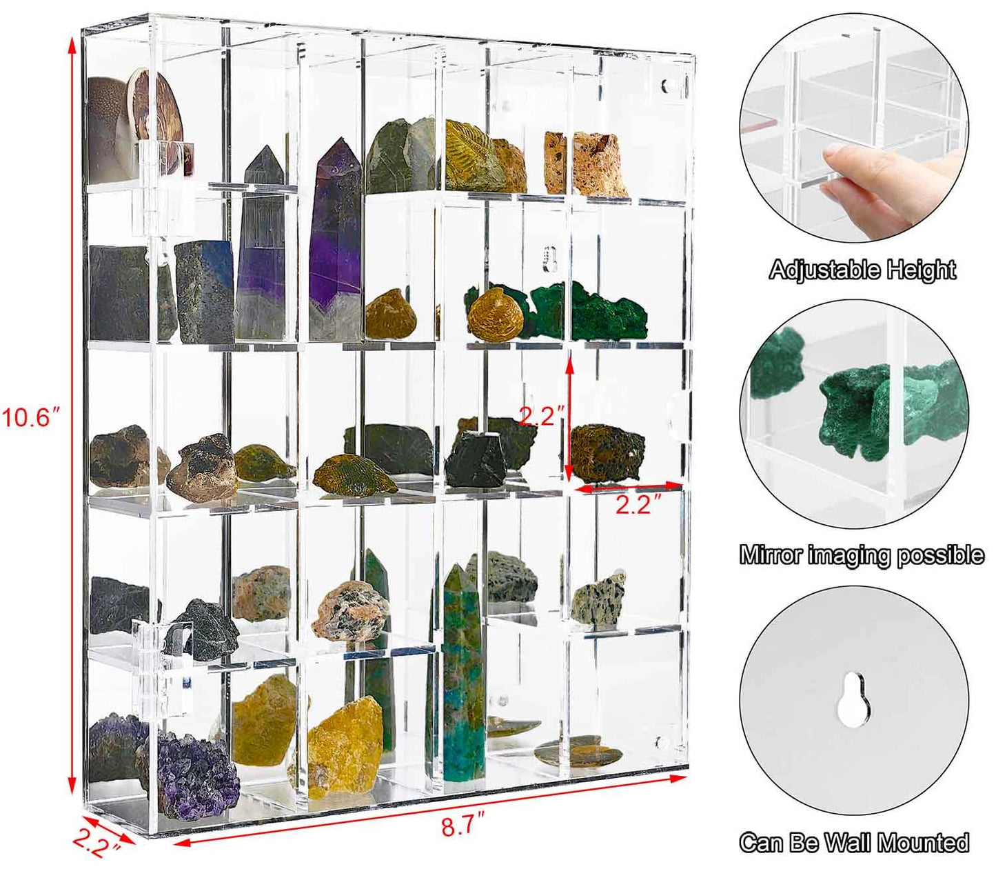 Acrylic Display Case Adjustable Clear Rock Display Case Shadow Box with Shelves Storage Organizer for Mini Pop Figure, Collectibles, Mineral Crystal, Stones, Wall Mountable, with Mirrored & Lid
