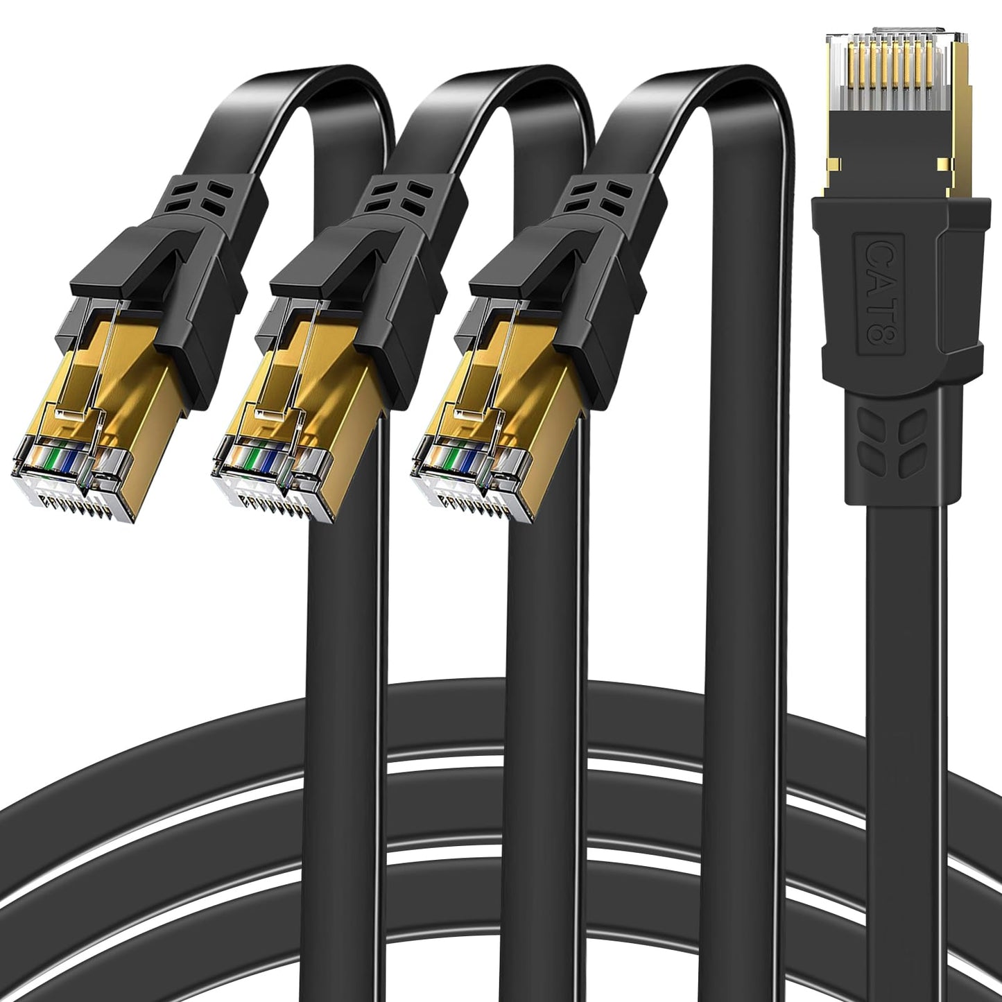 GLCON 3 Pack 2m Ethernet Cable, Cat8 2m/3.5m/5.5m/10m Flat High-Speed 2000MHz 40Gbps STP Shielded LAN/Internet Cable - Durable Black RJ45 Cables for Gaming/4K Streaming