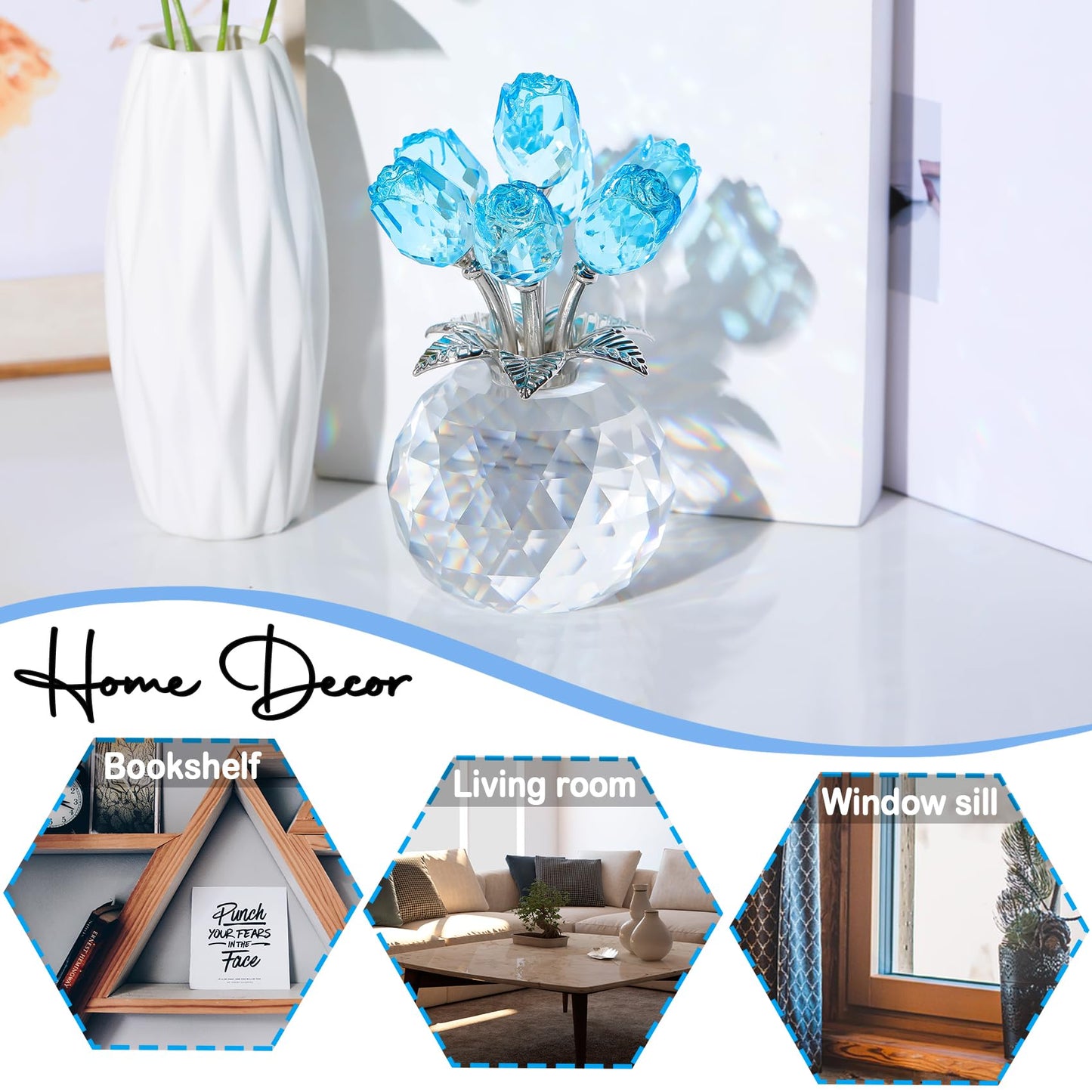 Arikyrist Crystal Lake Blue Rose Bouquet Figurine with Round Vase Gifts for Her, Glass Rose Flower Romantic Keepsakes for Women Mom on Christmas, Collectible Decoration Table Centerpiece for Home