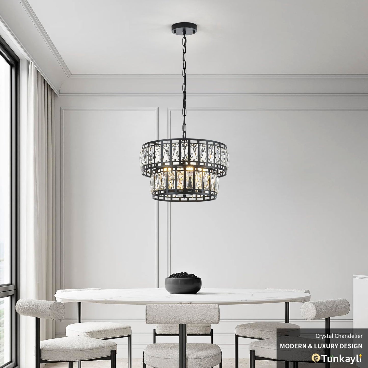 Tunkayli 15.7" Chandeliers for Dining Room, Modern Black K9 Luxury Crystal Chandelier, 4-Light 2-Tier Drum Farmhouse Lighting Fixture for Kitchen Island Living Room Entryway Bedroom Foyer