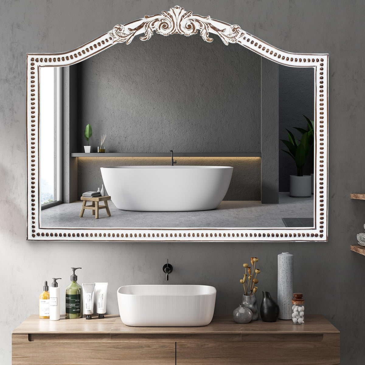 HOITUZYUS 32x42 Inch Ornate Arched Wooden Wall Mirror, Rustic Farmhouse Decorative Mirror for Fireplace, Living Room, Bedroom, Entryway, Bathroom Over Sink