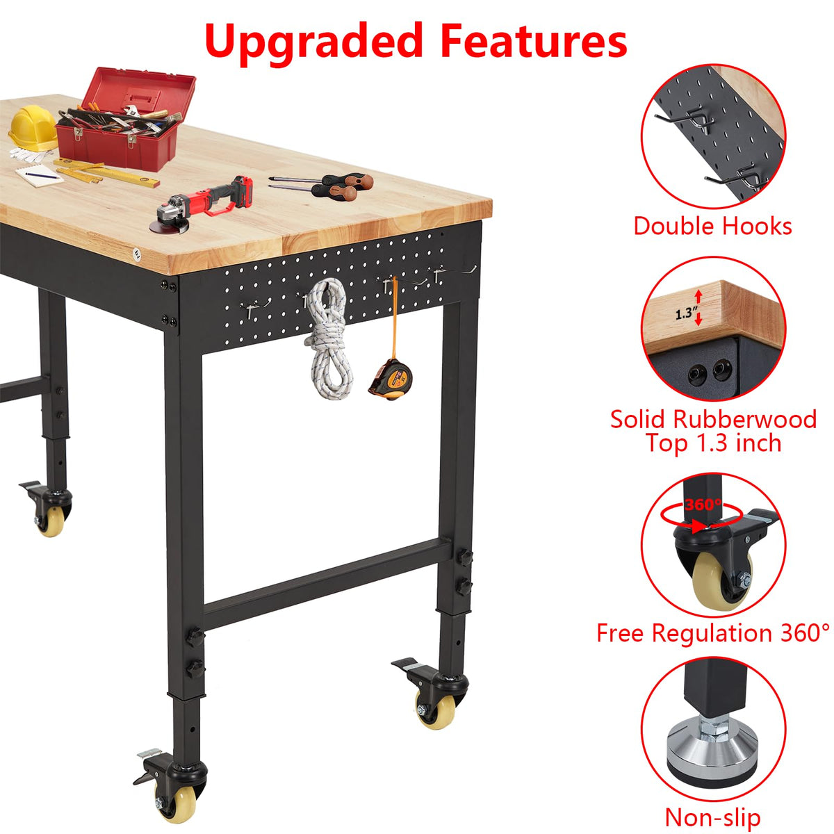 Garage Workbench with Rubber Wood Top, 48×24 Inch Heavy-Duty Workbench Workstation, 2000LBS Loading Capacity, Tool Storage Table, Locking Wheels, for Workshop, Garage, DIY Projects, Black