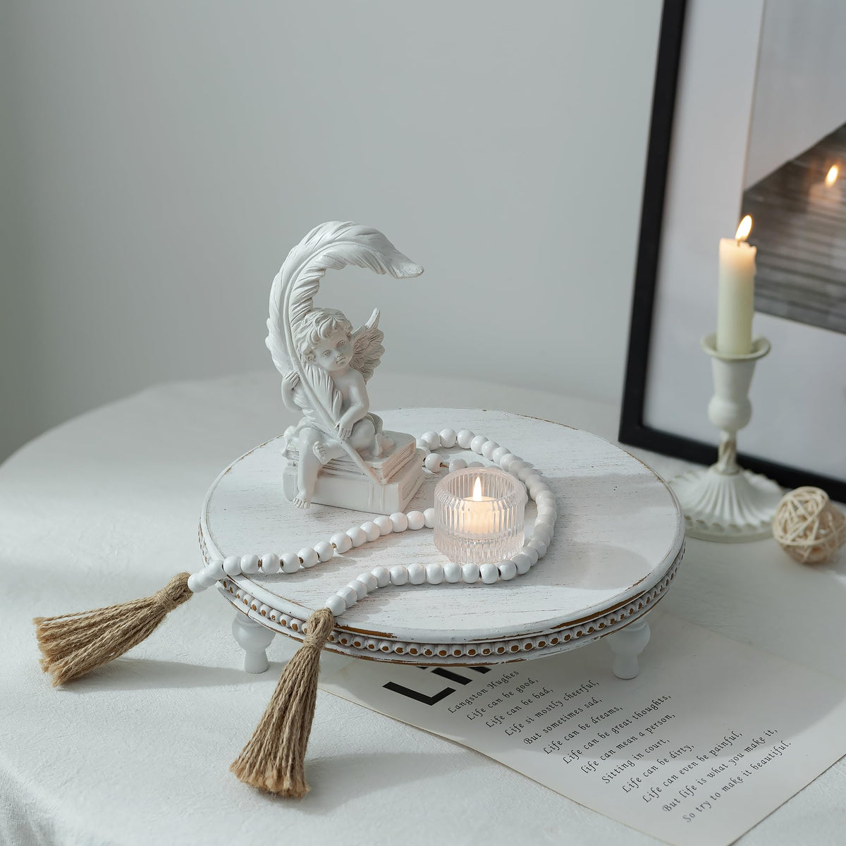 Hanobe Round Decorative Tray Stand: White Beaded Wood Pedestal Risers Farmhouse Circle Display Holder for Coffee Table Home Decor Kitchen Bathroom Counter