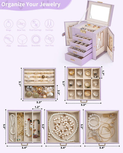AKOZLIN 5-Tier Jewelry Box Leather Jewelry Storage Organizer with 4 Drawers Lockable for Women Girls Ring Necklace Earring Bracelet Watches Holder with Mirror Purple