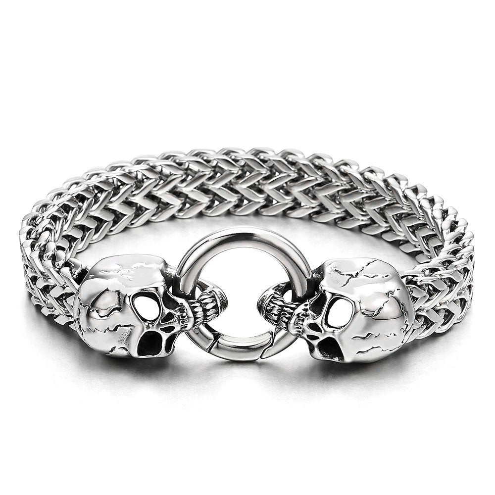 COOLSTEELANDBEYOND Gothic Mens Stainless Steel Skull Franco Link Curb Chain Bracelet with Spring Ring Clasp 8.5 Inches