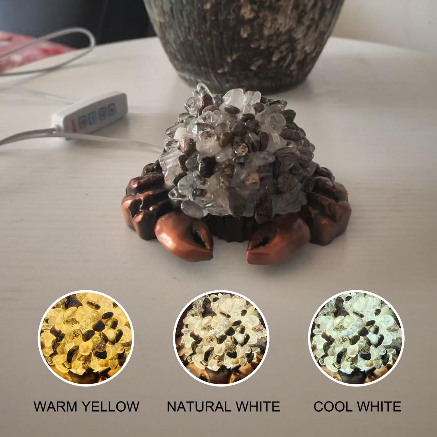 Youhot Handcrafted Green Phantom Quartz Crystal Crab Table Lamp, USB Powered, 3 Light Modes, Bronze Shell Design, Healing Stone Decor for Home & Office