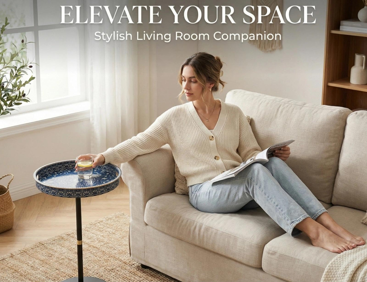 Gesodant Boho Single Leg Round Side Table with Tray Top, Pedestal Drink Table for Small Spaces, Aesthetic Accent Nightstand for Living Room, Bedroom, Corners, and Office (Blue Maze)