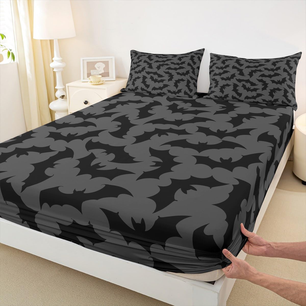 Feelyou Bat Sheet Set King Size Kids Happy Halloween Sheets with Deep Pocket Fitted Sheet for Boys Girls Bed Sheets Set Trick or Treat Grey Bedding Set Room Decor Bed Set, 4Pcs