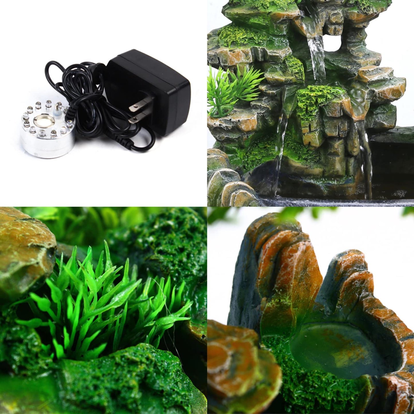 Desktop Fountain Waterfall with Light Rockery Fountain Zen Meditation Plants Stones LED Lamp Indoor Feature with Automatic Pump Relaxation Resin Planter for Office Decoration