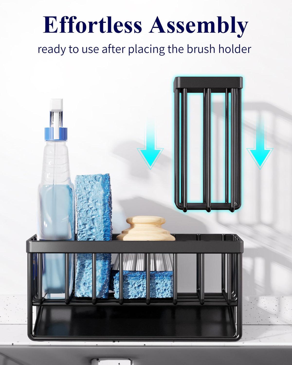 Kitsure Sponge Holder for Kitchen Sink - Rustproof Stainless Steel Sink Caddy Organization and Storage Essentials with High Brush Holder, Home Decor Accessories, 7.9" x 3.7" x 6.2", Black