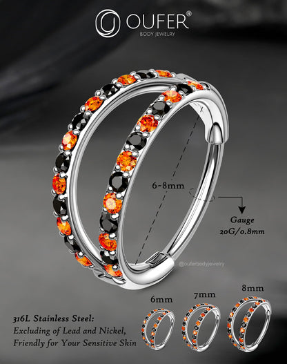 OUFER 20G Halloween Nose Rings, 316L Surgical Steel Double Hoop Nose Rings for Women, Orange and Black Crystal Hoop, 8MM Body Piercing Jewelry for Halloween