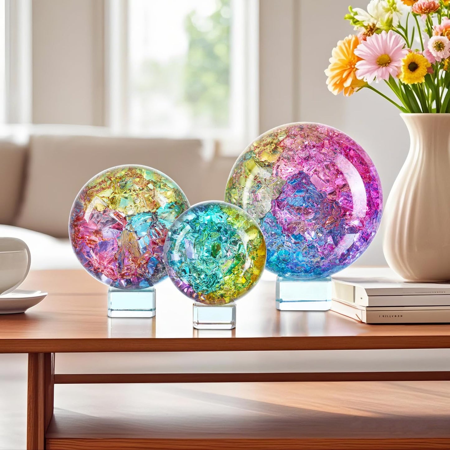 Crystal Ball Set of 3 Colorful Glass Decorative Spheres with Stands