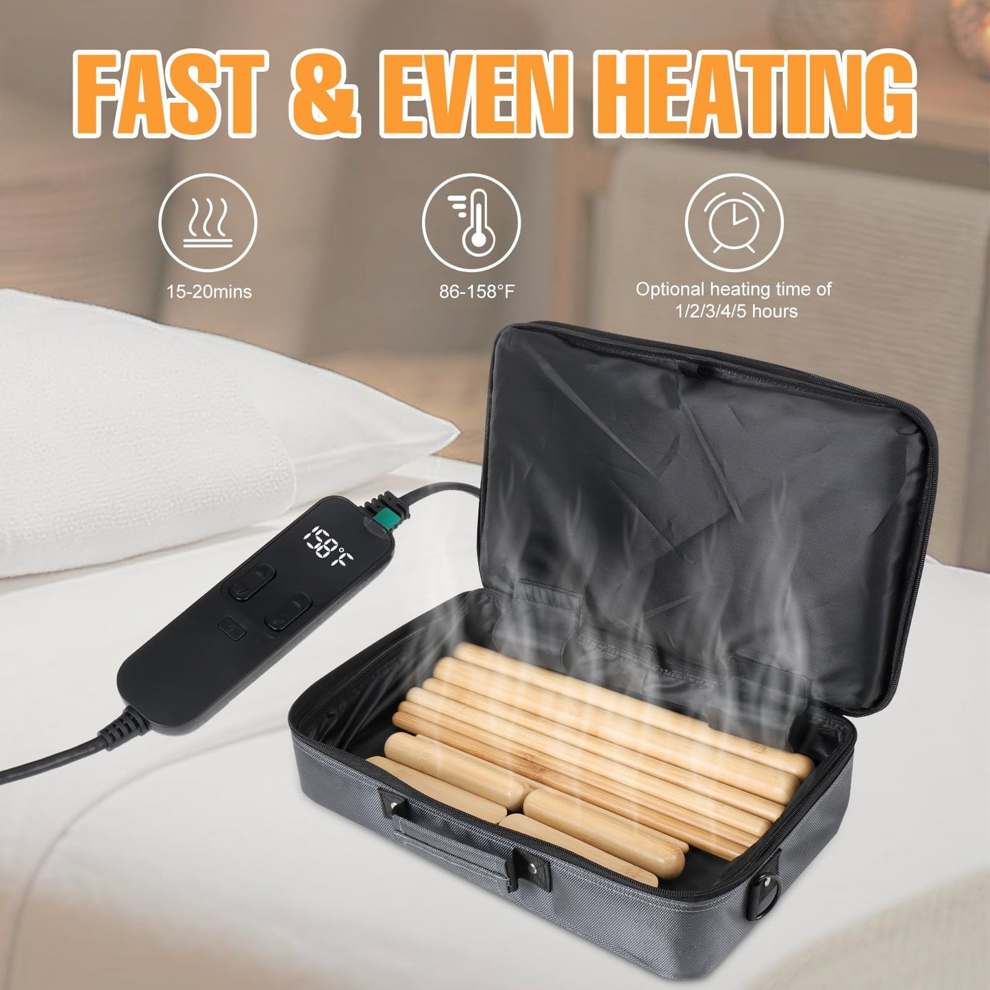 OnVisit Hot Bamboo Massage Sticks Warmer Kit,12pcs Solid Bamboo Sticks for SPA,Portable Stone Massage Heater with Temperature Control/Heating Time for Home/Travel Spa Warming Therapy Relaxing
