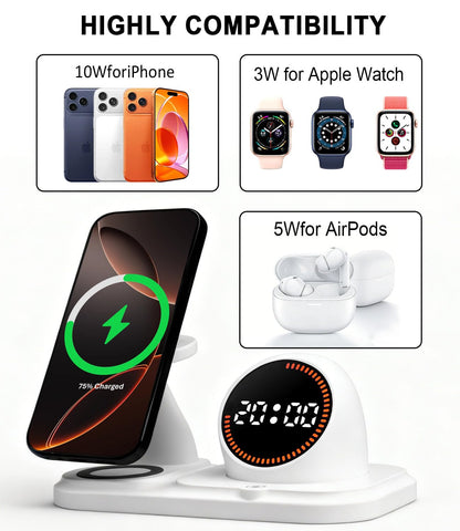 Wireless Charging Station with Clock,6-in-1 Charging Stand for Multiple Devices for iPhone 17 16 15 14 13 12 Pro Max, Apple Watch, Airpods, Bluetooth Speaker + RGB Light