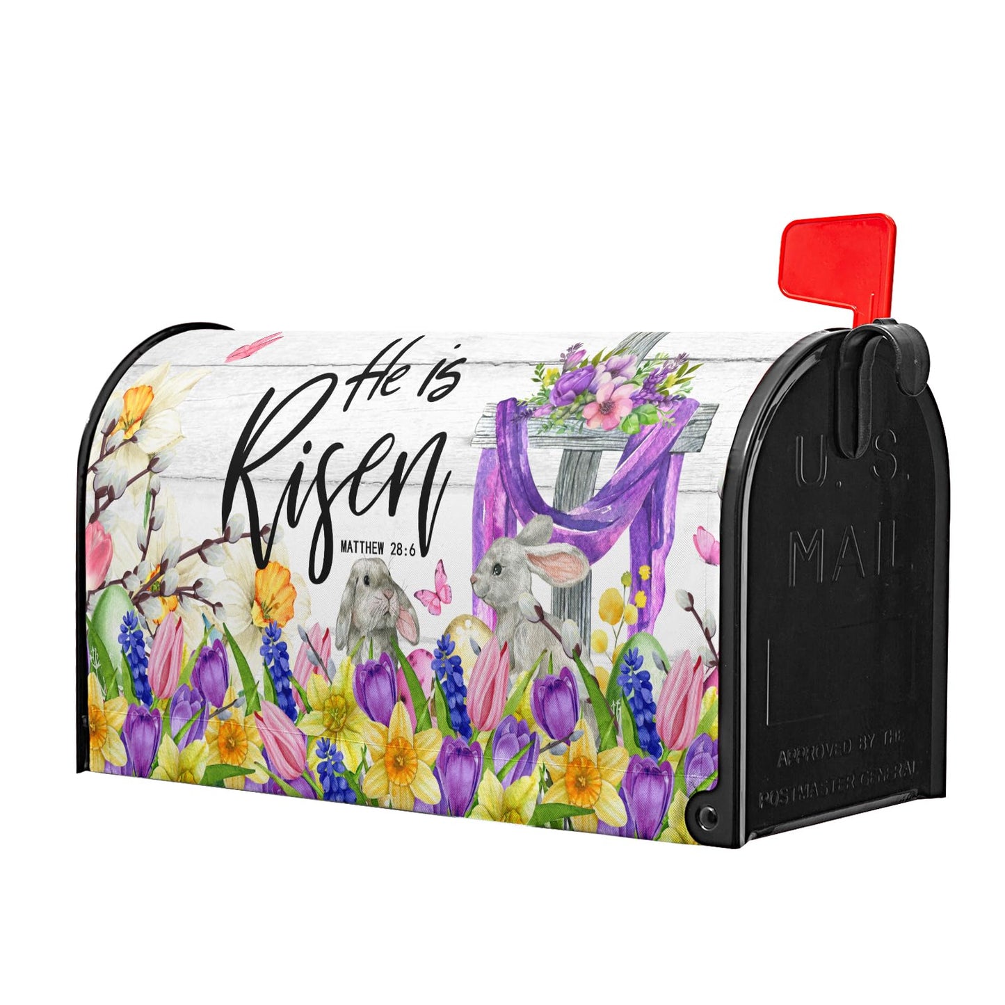 He is Risen Easter Cross Christian Mailbox Cover Magnetic Large Size 25x21in Religious Spring Lily Flower Decorative Mailbox Wrap Decals Easter Bunnies Rabbit Post Letter Box Cover for Garden Yard