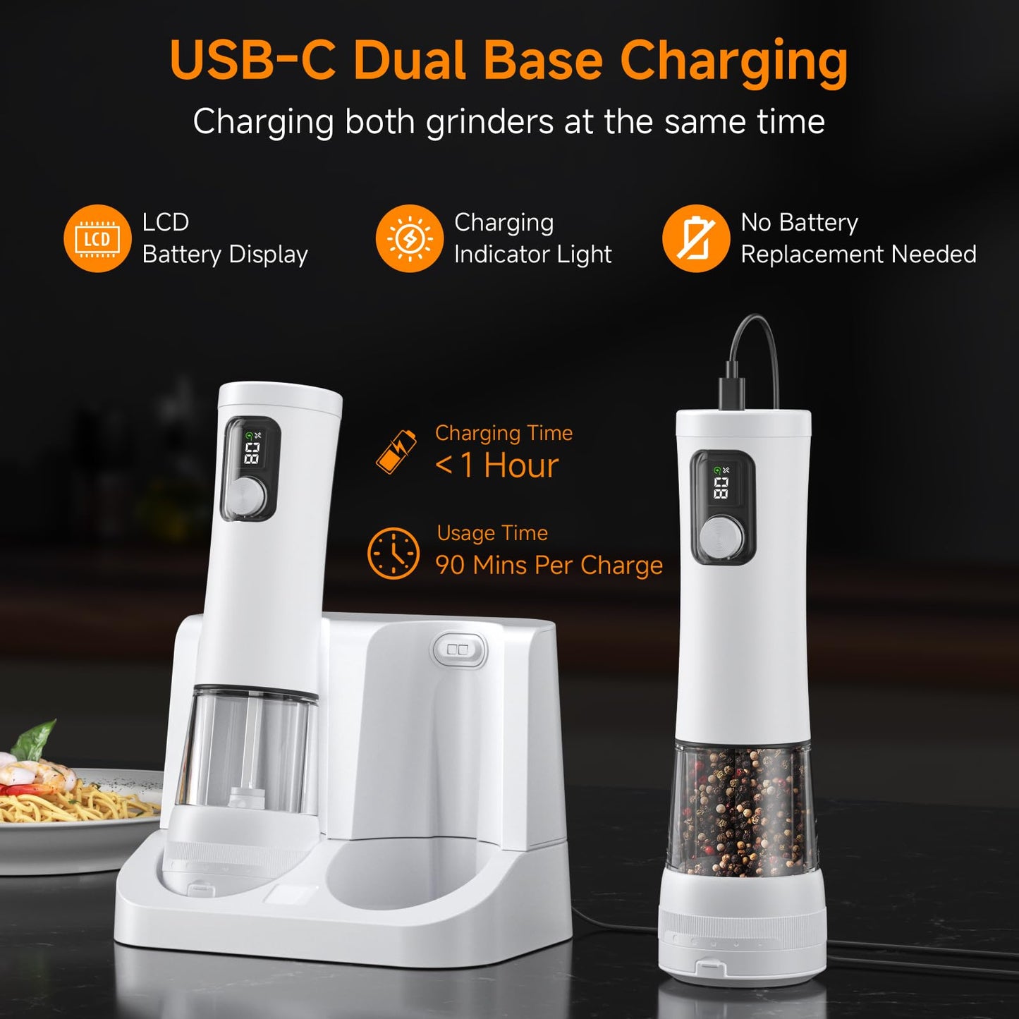 Electric Salt and Pepper Grinder Set,2 Pack Rechargeable Automatic Pepper Mill,with Charging Base,5 Level,Display,LED Lighting,Large Capacity,Kitchen Gift (2, White, Charging Base)