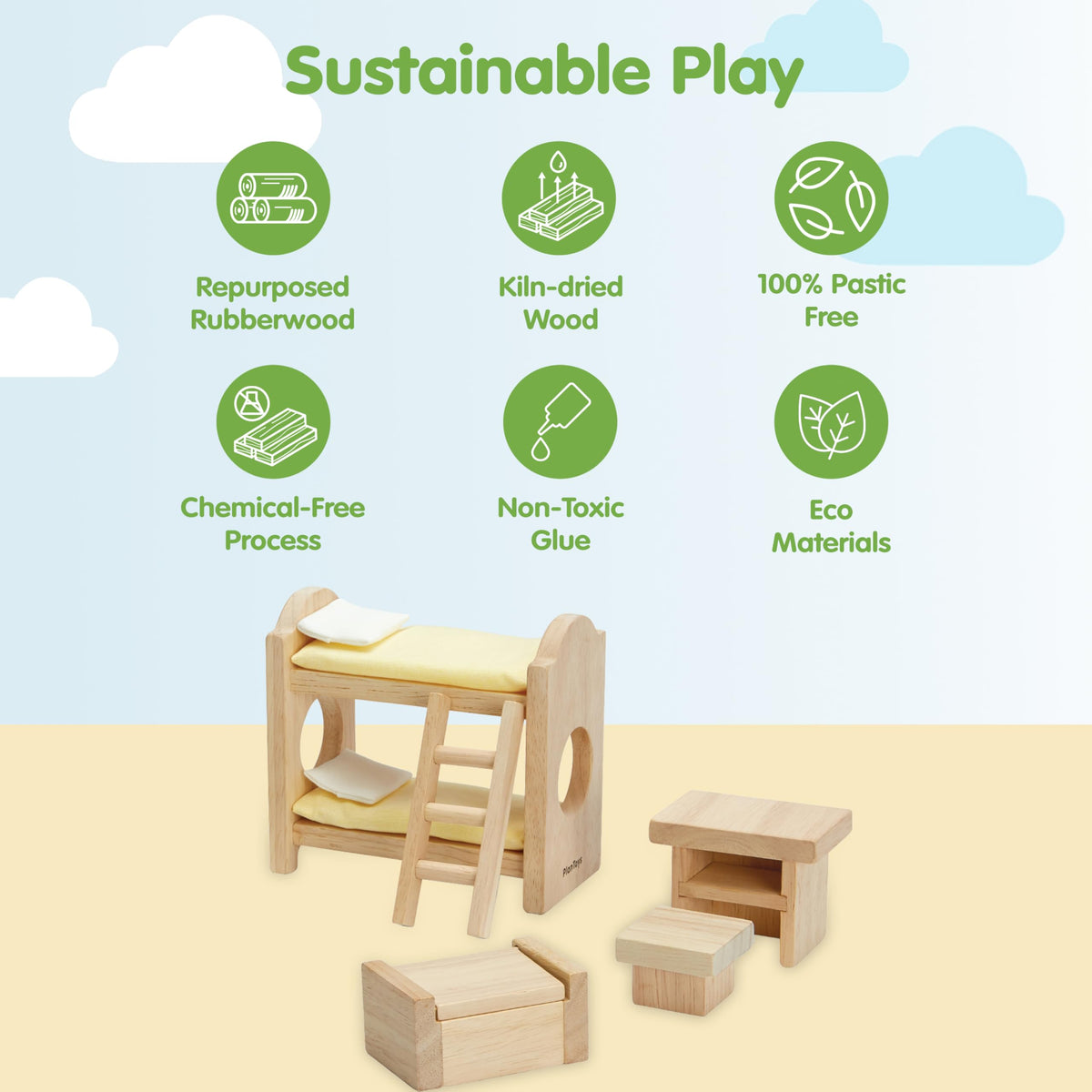 PlanToys® Wooden Children’s Room Classic Set for Montessori Small World Play | Creative Role Play and Social Interaction | Eco Friendly Wooden Dollhouse Bedroom Furniture for Imaginative Play