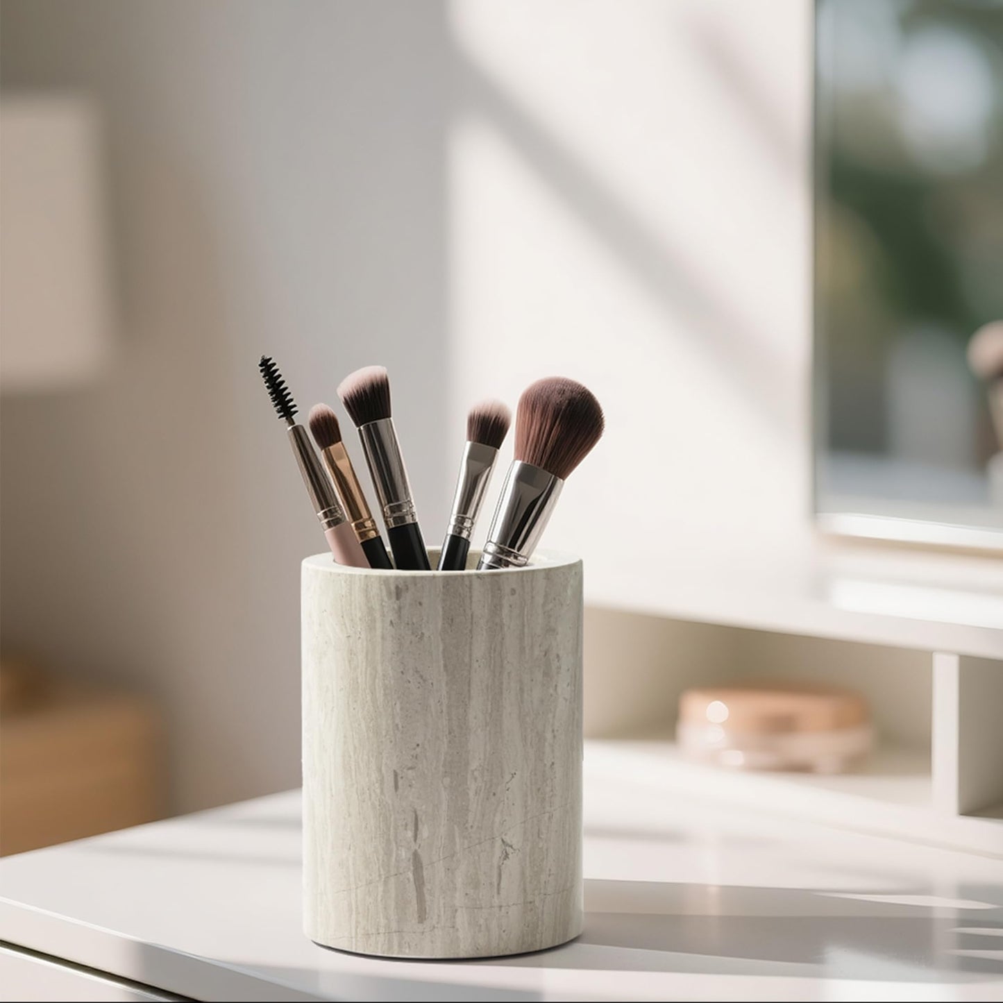 WORHE Natural Marble Pen Holder for Desk, Handcrafted Sturdy Desk Organizer with Anti-Slip Base 3.1” x 4.3” – Unique Stone Craft for Office Supplies, Makeup Brushes & Home Decor Grey (WH077)