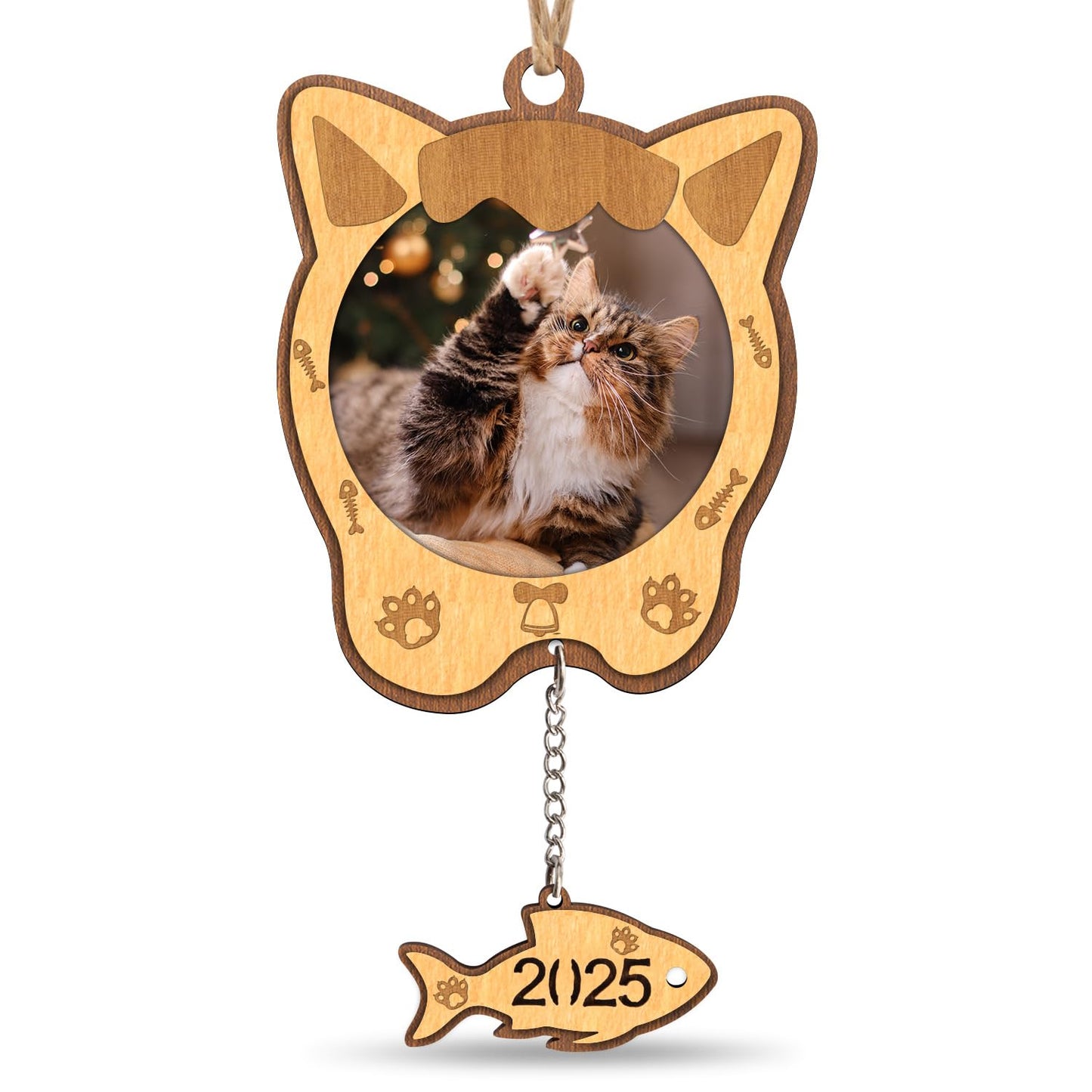 Creawoo Cat Picture Ornament 2025 Christmas Cat Photo Frame, Wooden Christmas Tree Decoration, Meow Xmas Ornament, Personalized Gift Holiday Hanging Pet Keepsake with Fish Dangle
