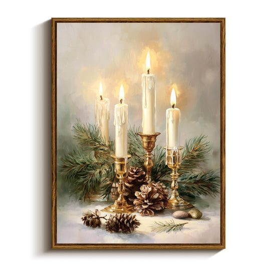 VIYYIEA Framed Wall Art Decor for Living Room,Vintage Chritmas Canvas Wall Art,Christmas Decorations Indoor Candle Fire Winter Picture,Vintage Home Decor 12 x 16 in