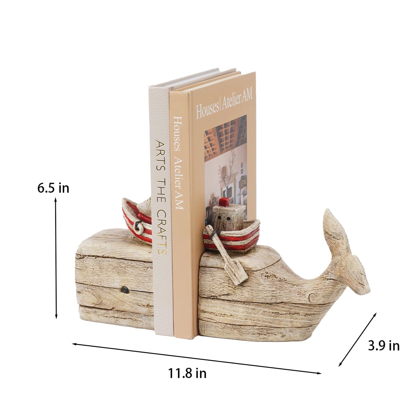 Guichifun Whale Decorative Bookends Book Holder - Distressed Finish Resin Cute Bookend Set with Sailboat Nautical Book Shelf Decor for Living Room Office Home Decoration Gift 11.8 X 3.9 X 6.5 inch