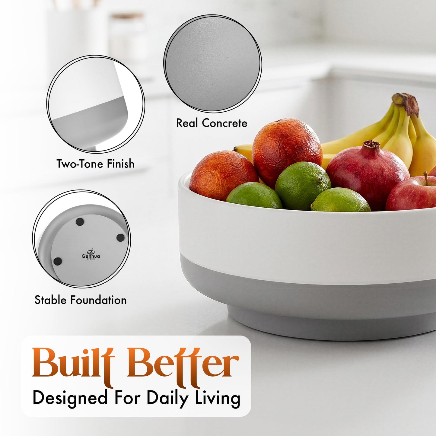 Gennua Kitchen Concrete Fruit Bowl for Kitchen Counter - Modern Two-Tone Stone Centerpiece with Wide Stable Base, Large Decorative Cement Bowl for Entryway Table, Coffee Table Decor, Key Bowl,11 Inch