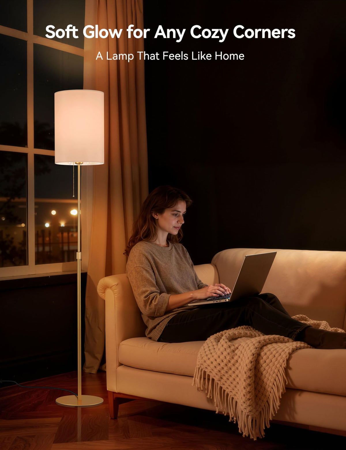 Tubicen Slim Floor Lamp Gold Fabric Tall Lamp with Pull Chain Dimmable Thin Standing Light 61" Adjustable Mid Century Modern Narrow Floor Lamp for Living Room Bedroom Office