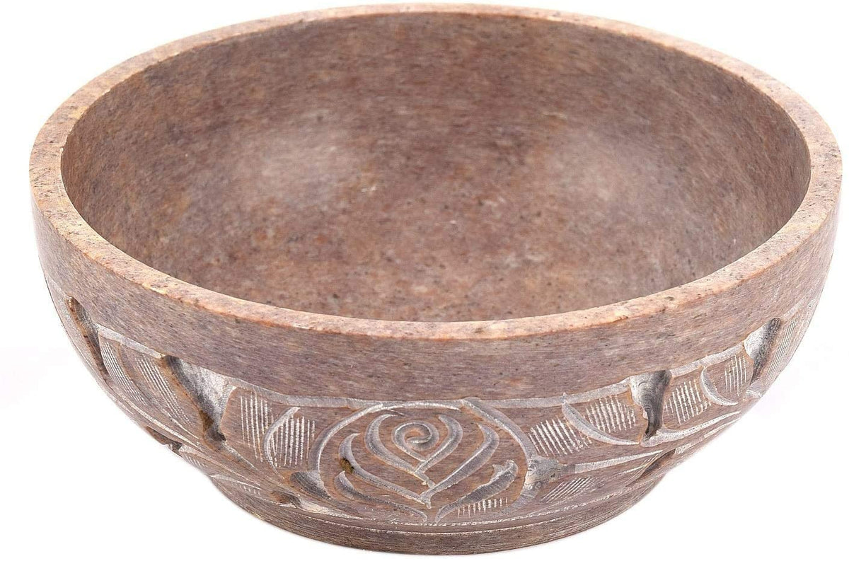 Ajuny Soapstone Natural Smudge Pot | Stone Bowl | Scrying And Smudge Bowl Handmade Leaf Carved Design Household Kitchen Table Decorative Gift 5 Inch