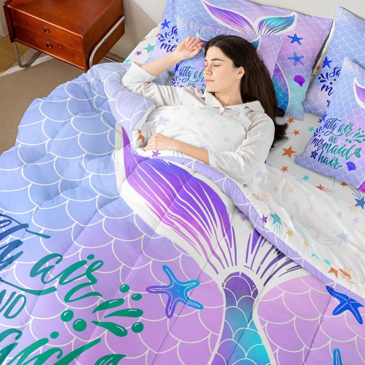 Mermaid Tail Queen Comforter Set with Sheets | Kids Fish Scales 7 Piece Bedding Set Girly Shell Starfish Ocean Life Sea Animal Bed in a Bag, Pastel Teal Purple Blue Kawaii Princess Room Decor