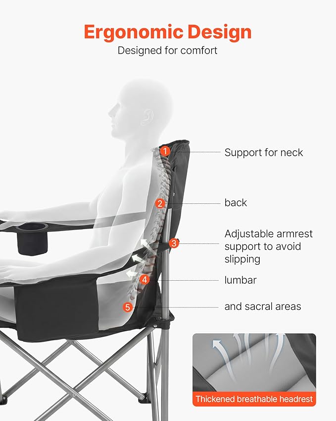 VEVOR Oversized Camping Folding Chair, Portable Heavy Duty Outdoor Quad Lumbar Back Padded with Side Pockets, Cup Holder and Cooler Bag for Beach, Lawn, Picnic, Fishing, Backpacking, 2 Pack