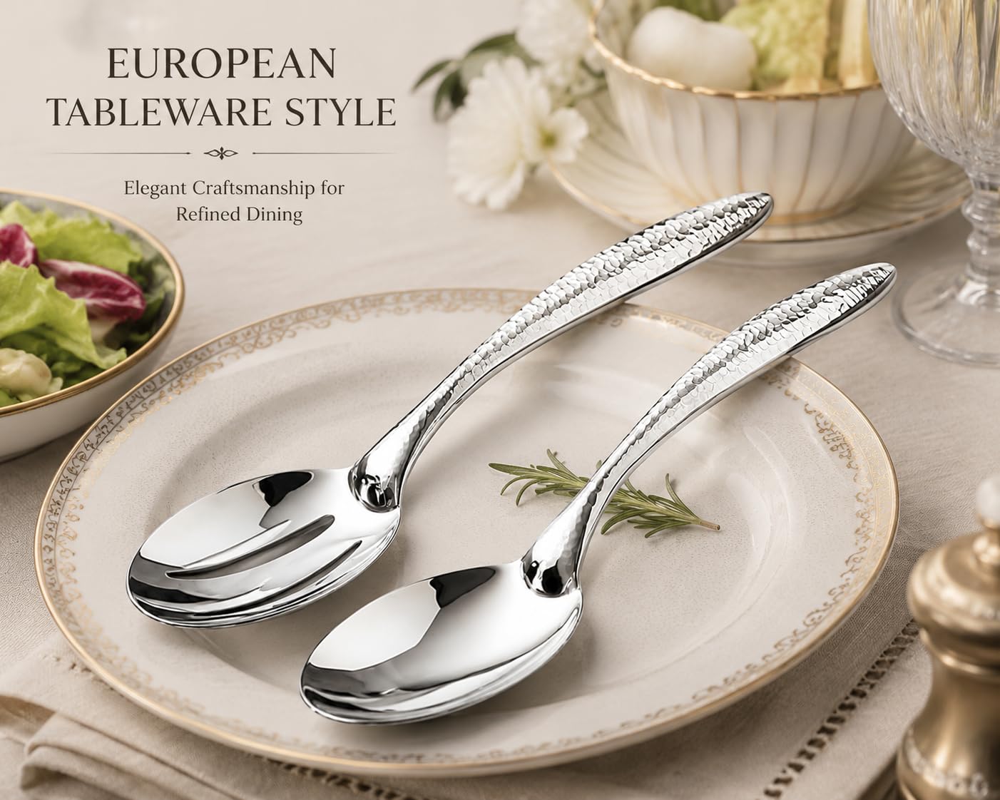 Stainless Steel Serving Spoon Set of 2, Solid Spoon & Slotted Spoon with Thick Non-Slip Ergonomic Handle, Heavy Duty Serving Utensils for Buffet, Party, Kitchen, 9.84 Inch