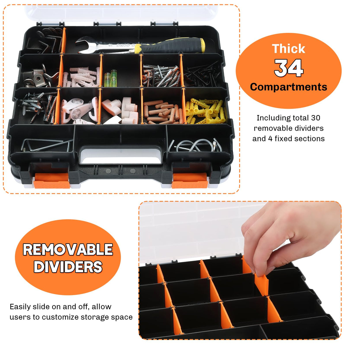weyleity Small Parts Organizer | Storage Case Tools Box Organizer 34-Compartments Double Side Organizer Box with Removable Dividers for Small Hardware, Screws, Bolts, Nuts, Nails, Beads, Jewelry (1)