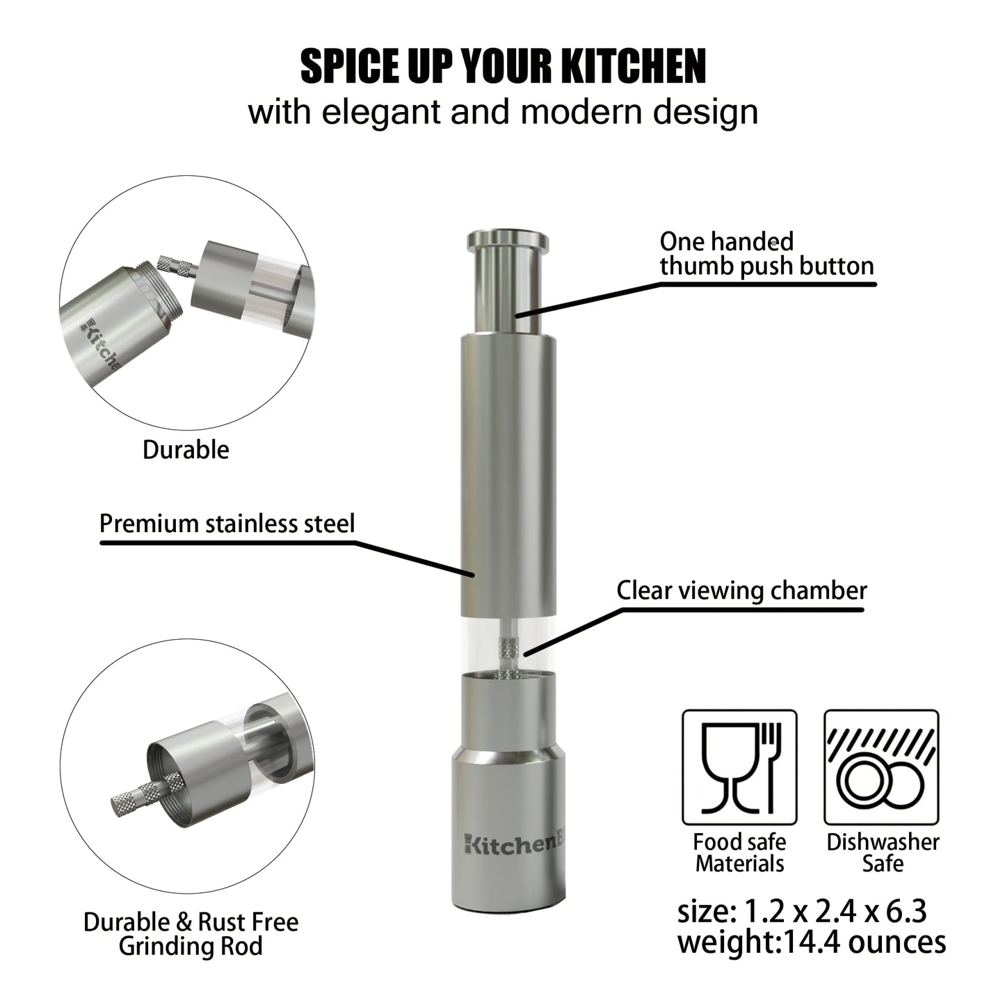KitchenBliss Modern Thumb Click Salt and Pepper Grinder with Refillable Peppermill - Perfect for Himalayan Salts, Black Pepper, Sea Salt, Peppercorns, Spices Push Button for 1 hand operation (set)