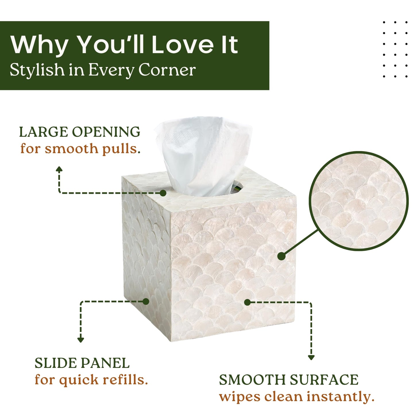 CHI AN HOME 5.5” Capiz Tissue Box Cover, Square Decorative Tissue Holder with Bottom Slider, Handmade Bathroom Accessories, Elegant White Cube for Vanity, Bedroom, Office & Coastal Décor (Natural)