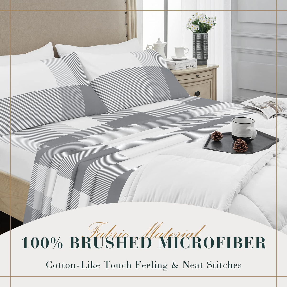 YIYEA King Size Sheets Set, Premium Double Brushed Microfiber Bed Sheet Set for All Season, Soft Breathable, 16" Deep Pocket, Shrinkage and Fade Resistant, 4PC, King