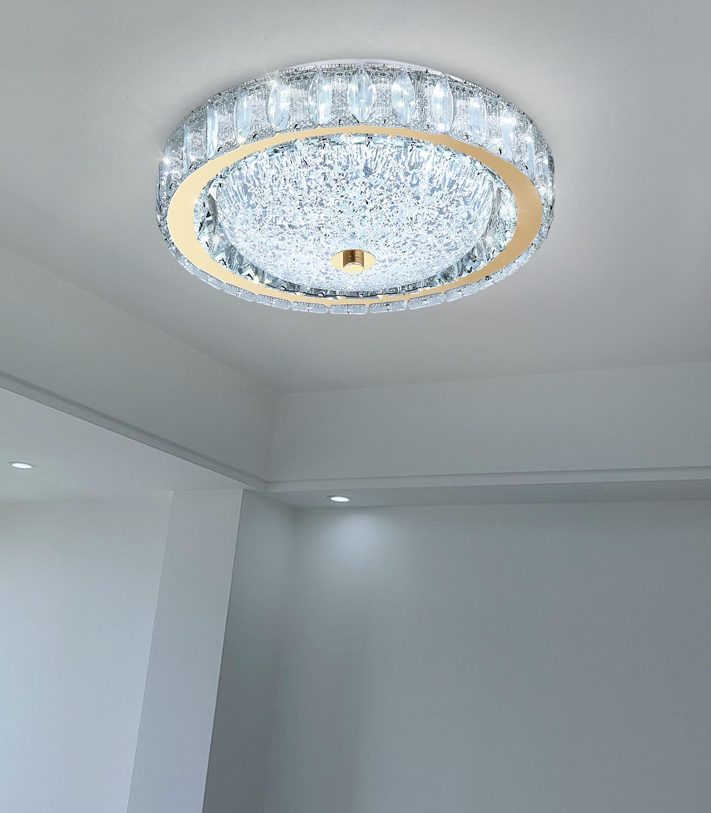 AFQEJG 11.8" Modern Mini Crystal Chandelier Dimmable LED Flush Mount Ceiling Light with Remote Control for Bedroom Hallway Dining Room Gold